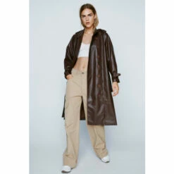 NastyGal Faux Leather Belted Longline Trench Coat For Female