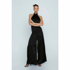 NastyGal Satin Halterneck Wide Leg Jumpsuit For Female