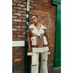 NastyGal Plus Size Faux Leather Borg Line Aviator Coat For Female