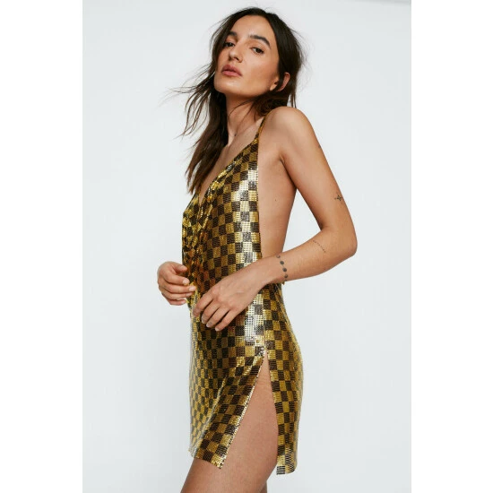 NastyGal Petite Chainmail Checkerboard Cowl Neck Mini Dress For Female - Image 2