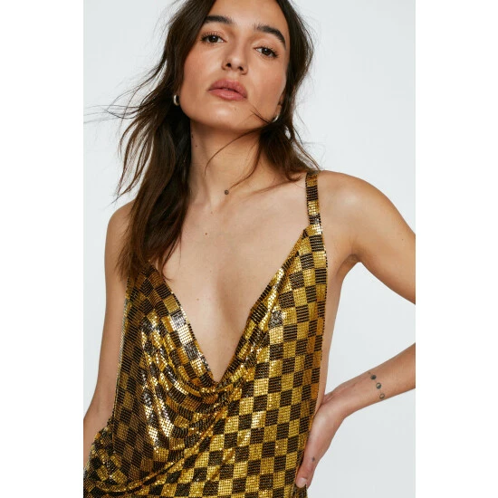 NastyGal Petite Chainmail Checkerboard Cowl Neck Mini Dress For Female - Image 3