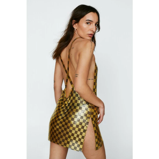 NastyGal Petite Chainmail Checkerboard Cowl Neck Mini Dress For Female - Image 4