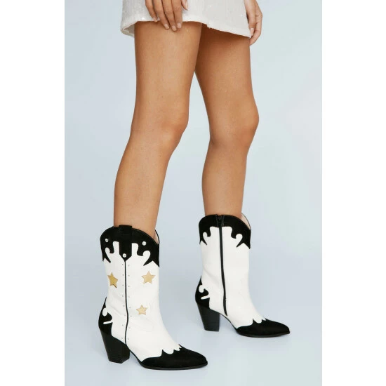 NastyGal Faux Leather & Suede Heeld Western Boot For Female