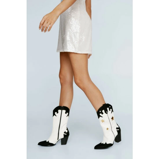 NastyGal Faux Leather & Suede Heeld Western Boot For Female - Image 2