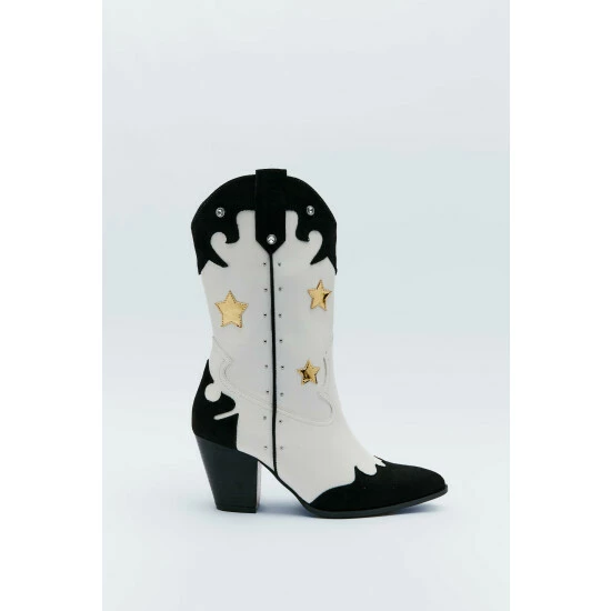 NastyGal Faux Leather & Suede Heeld Western Boot For Female - Image 3