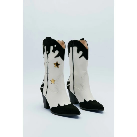 NastyGal Faux Leather & Suede Heeld Western Boot For Female - Image 4