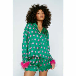 NastyGal Polka Dot Feather Trim Pajama Shirt And Shorts Set For Female