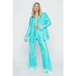 NastyGal Marble Print Tailored Pants With Feather Trims For Female