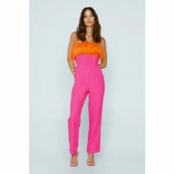 NastyGal Petite Bandeau Feather Trim Jumpsuit For Female