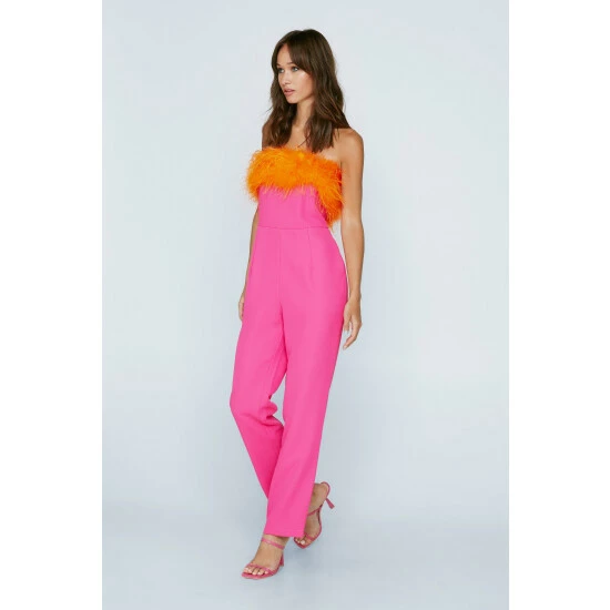 NastyGal Petite Bandeau Feather Trim Jumpsuit For Female - Image 3