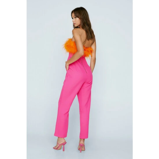 NastyGal Petite Bandeau Feather Trim Jumpsuit For Female - Image 4