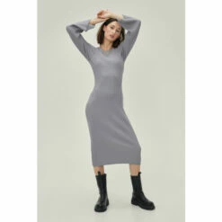 NastyGal Knitted Flare Sleeve Bodycon Midi Dress For Female