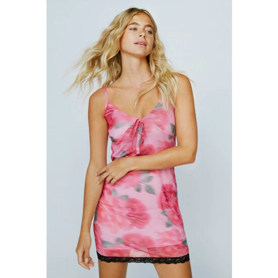 NastyGal Blurred Floral Print Lace Trim Mini Dress For Female - Image 5