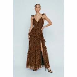 NastyGal Petite Ruffle Strappy Leopard Maxi Dress For Female