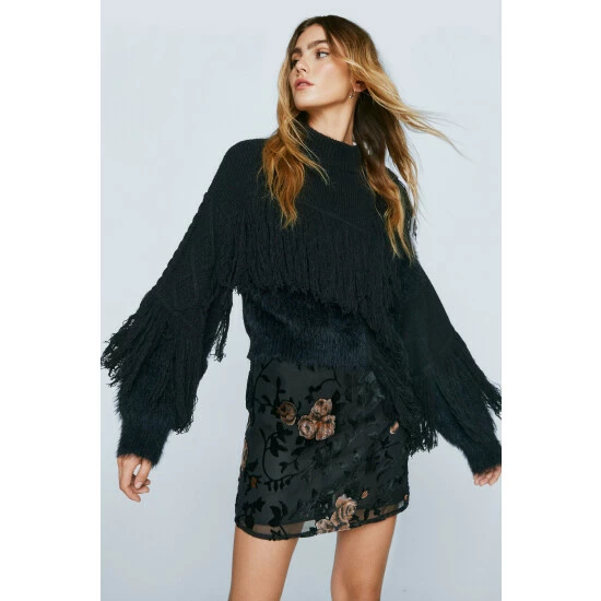 NastyGal Premium High Neck Fringe Jumper For Female