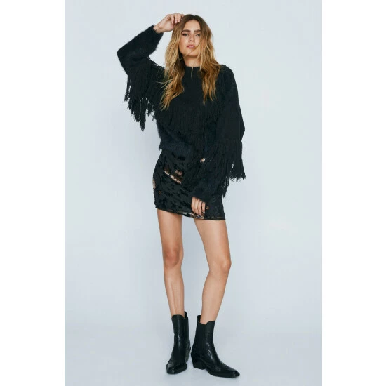 NastyGal Premium High Neck Fringe Jumper For Female - Image 2