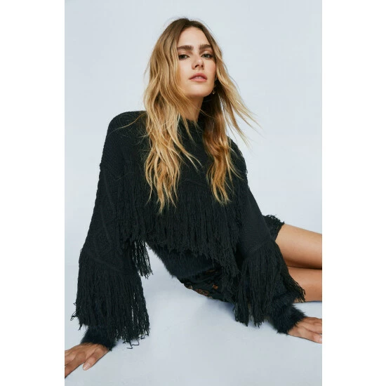 NastyGal Premium High Neck Fringe Jumper For Female - Image 3