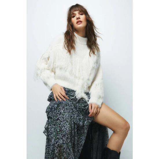 NastyGal Premium High Neck Fringe Jumper For Female - Image 6