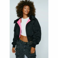 NastyGal Faux Fur Lined Zip Hood Bomber Jacket For Female