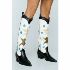 NastyGal Faux Leather Star Knee High Cowboy Boots For Female