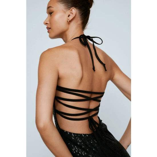 NastyGal Sequin Lace Up Back Midi Dress For Female - Image 2