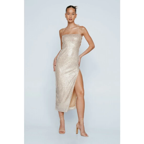 NastyGal Sequin Lace Up Back Midi Dress For Female - Image 6