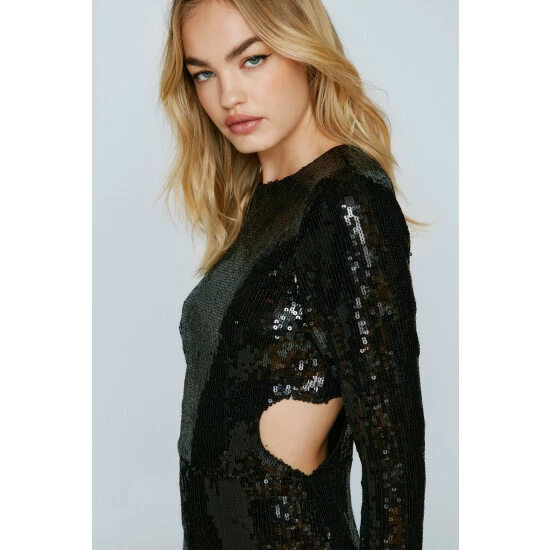 NastyGal Sequin Cut Out Skinny Long Sleeve Jumpsuit For Female - Image 2
