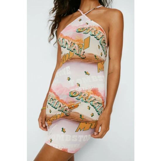 NastyGal Western Print Halter Neck Bodycon Mini Dress For Female - Image 5