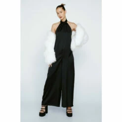 NastyGal Petite Satin Halterneck Wide Leg Jumpsuit For Female