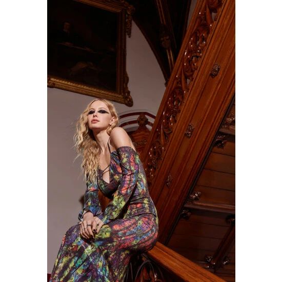 NastyGal Abstract Printed Sequin Halter Neck Dress For Female - Image 2