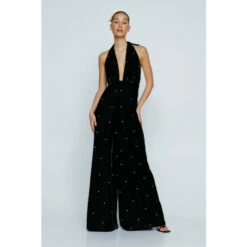 NastyGal Petite Diamante Velvet Halter Jumpsuit For Female