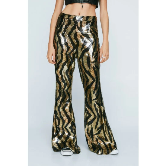NastyGal Animal Sequin High Waisted Flared Pants For Female - Image 3