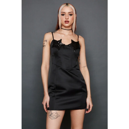 NastyGal Sequin Star Satin Corset Mini Dress For Female - Image 3