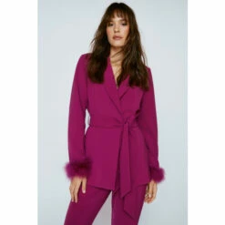 NastyGal Belted Blazer With Feather Cuffs For Female