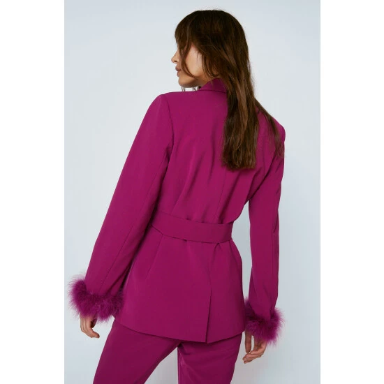 NastyGal Belted Blazer With Feather Cuffs For Female - Image 4