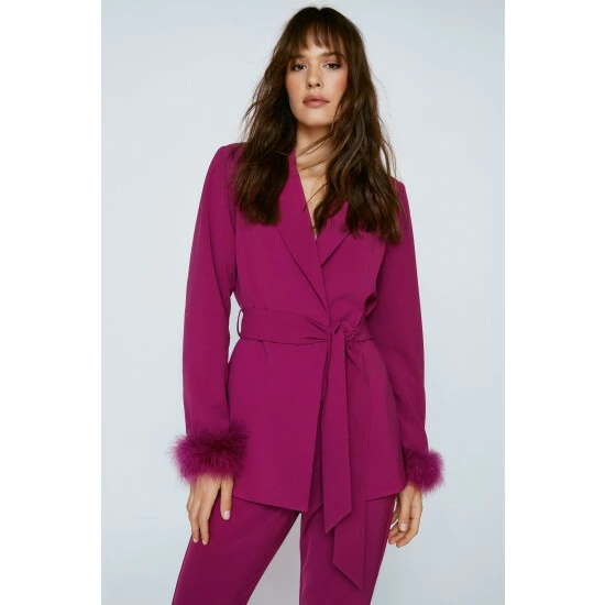 NastyGal Belted Blazer With Feather Cuffs For Female - Image 5
