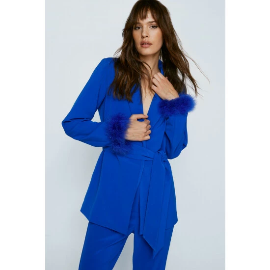 NastyGal Belted Blazer With Feather Cuffs For Female - Image 6