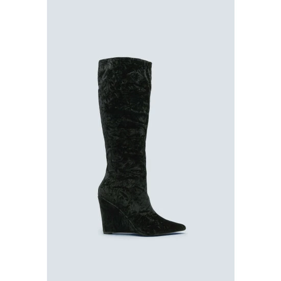 NastyGal Velvet Pointed Toe Wedge Knee High Boot For Female - Image 3