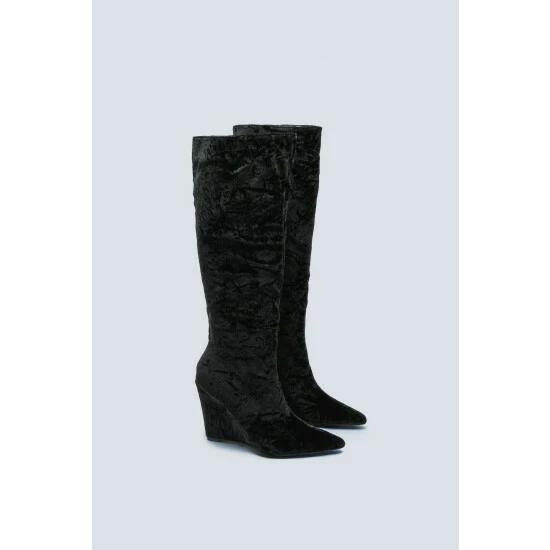 NastyGal Velvet Pointed Toe Wedge Knee High Boot For Female - Image 4