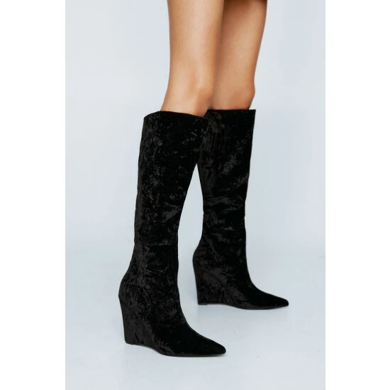 NastyGal Velvet Pointed Toe Wedge Knee High Boot For Female - Image 5
