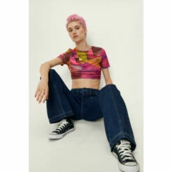 NastyGal Abstract Landscape Crepe Mesh Crop Top For Female