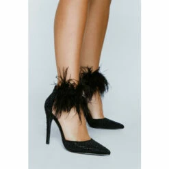 NastyGal Feather Trim Diamante Court Heels For Female