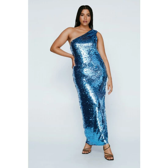 NastyGal Plus Size One Shoulder Maxi Sequin Dress For Female - Image 3