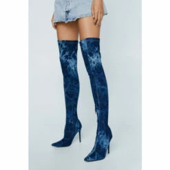 NastyGal Denim Print Stretch Thigh High Boot For Female