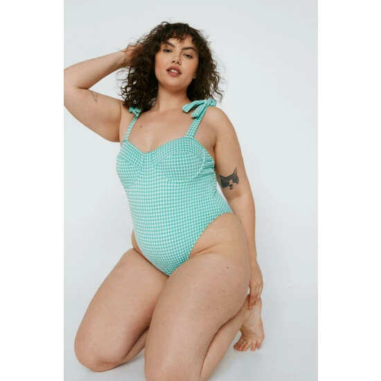 NastyGal Plus Size Textured Gingham Print Swimsuit For Female