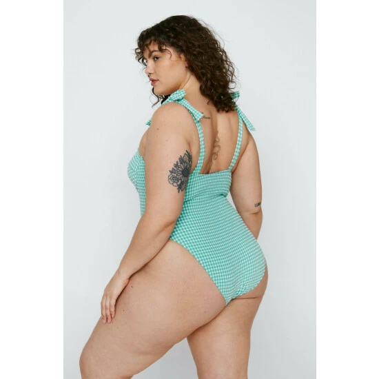 NastyGal Plus Size Textured Gingham Print Swimsuit For Female - Image 3