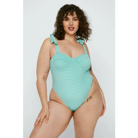 NastyGal Plus Size Textured Gingham Print Swimsuit For Female - Image 4