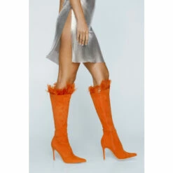 NastyGal Faux Suede Feather Trim Knee High Boots For Female