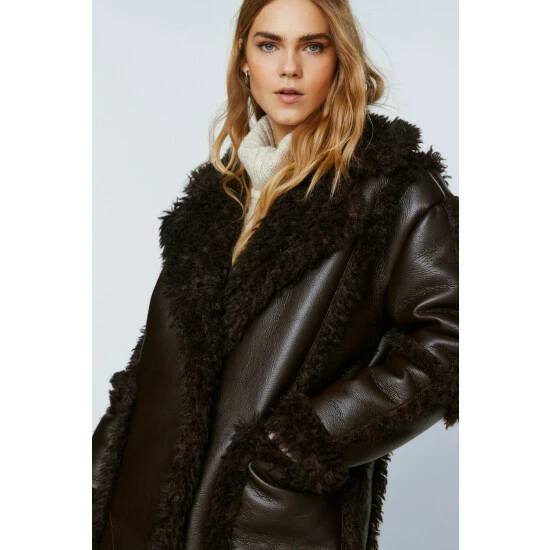 NastyGal Premium Faux Leather Borg Lined Aviator Coat For Female - Image 3