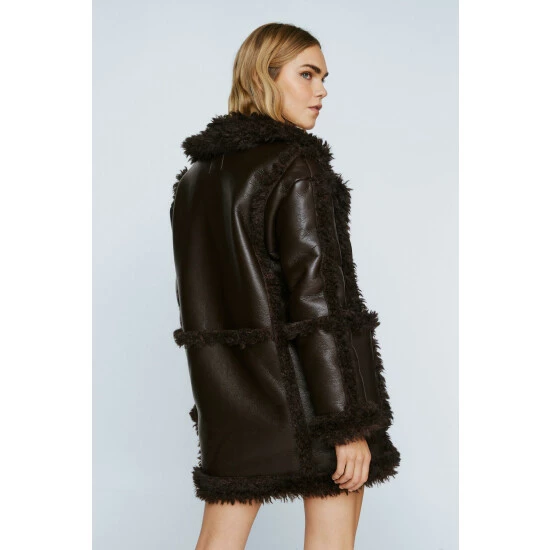 NastyGal Premium Faux Leather Borg Lined Aviator Coat For Female - Image 4